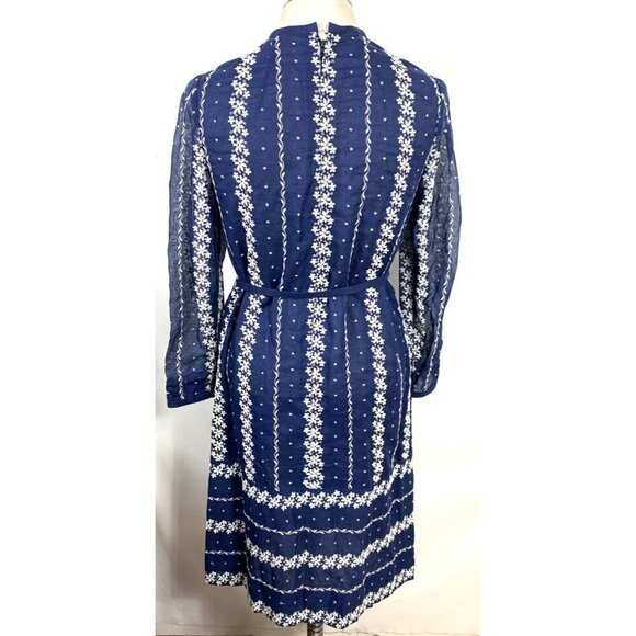 Vintage Embroidered Dress Navy Blue Sz 10 White Daisies Day Cotton Blend Belted - Picture 5 of 6